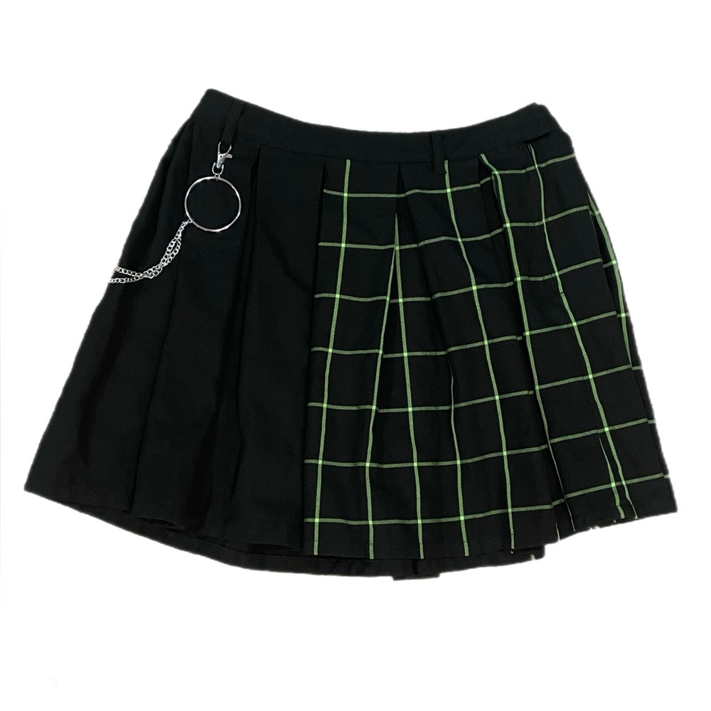 Hot Topic Pleated Mini Green And Black Grid Chain Skirt Goth Punk Emo Alt Size M - Picture 2 of 7